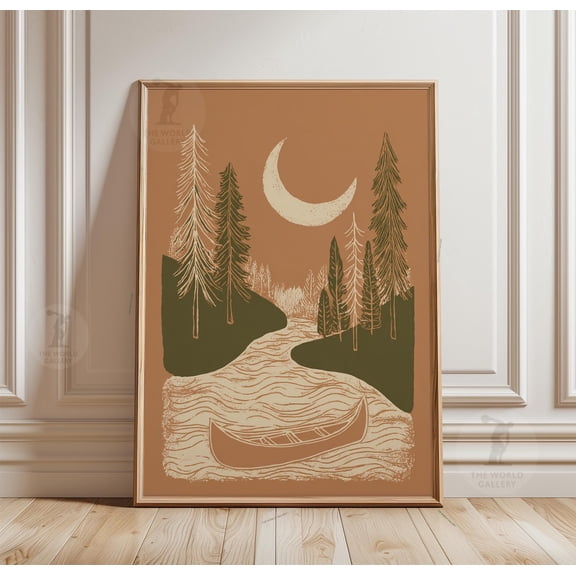Canoe River Poster, Rustic Forest Landscape Wall Art, Minimal Nature Woodblock Style Print, Poster Only