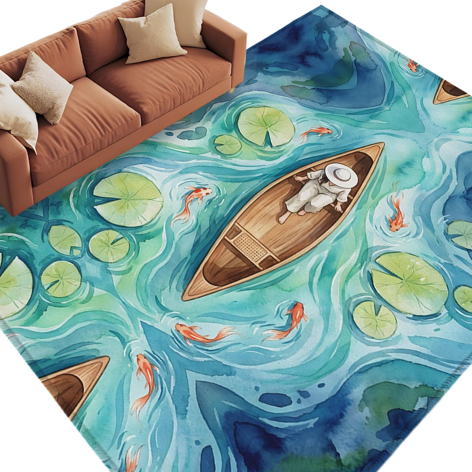 Canoe Rower Water Lily Rectangle Area Rug 8x10ft Coastal Modern Deep ...