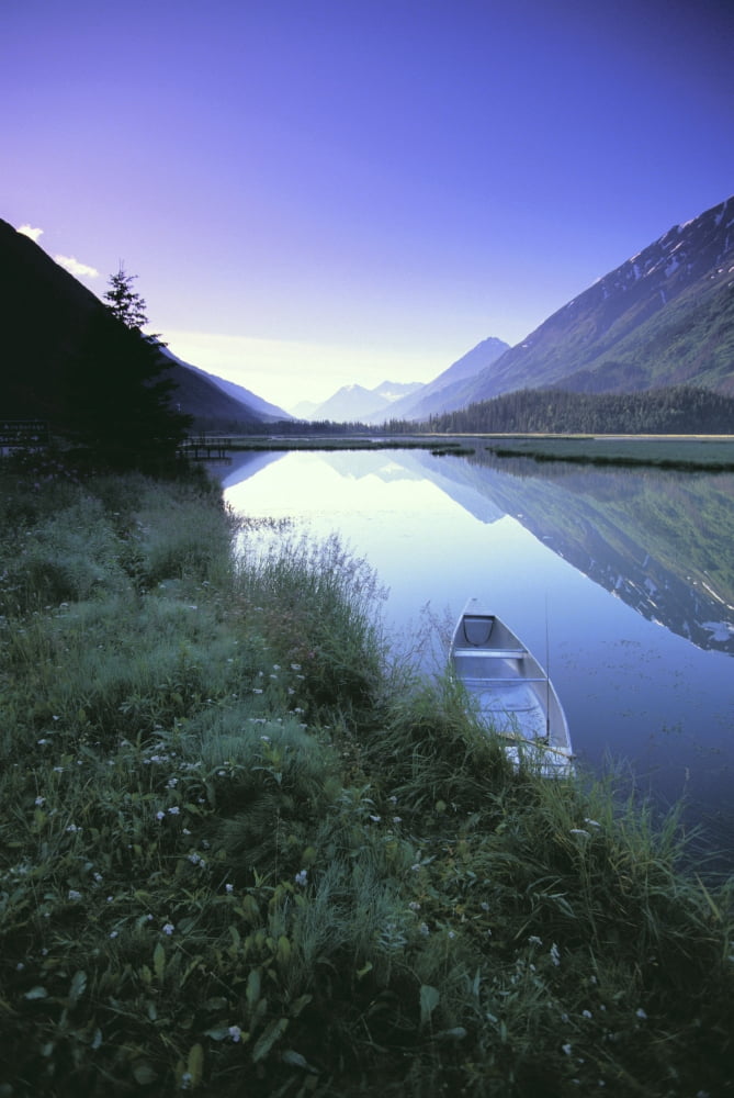 Canoe Sits At Lake Side Kenai Mtns Sunrise Canvas Art - Jeff Schultz Design Pics (11 x 17)