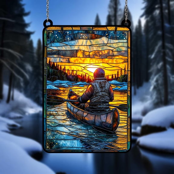 Canoe Sunset Acrylic Suncatcher fullxfull Winter Landscape Window Hanging with Snowy River and Paddler Silhouette, Peaceful Nature Decor for Outdoor