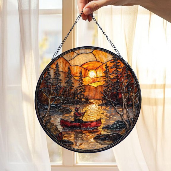 Canoe Sunset Glass Suncatcher, Lake Scene Window Hanging Forest River Cabin Outdoor Lovers, 7.9 in