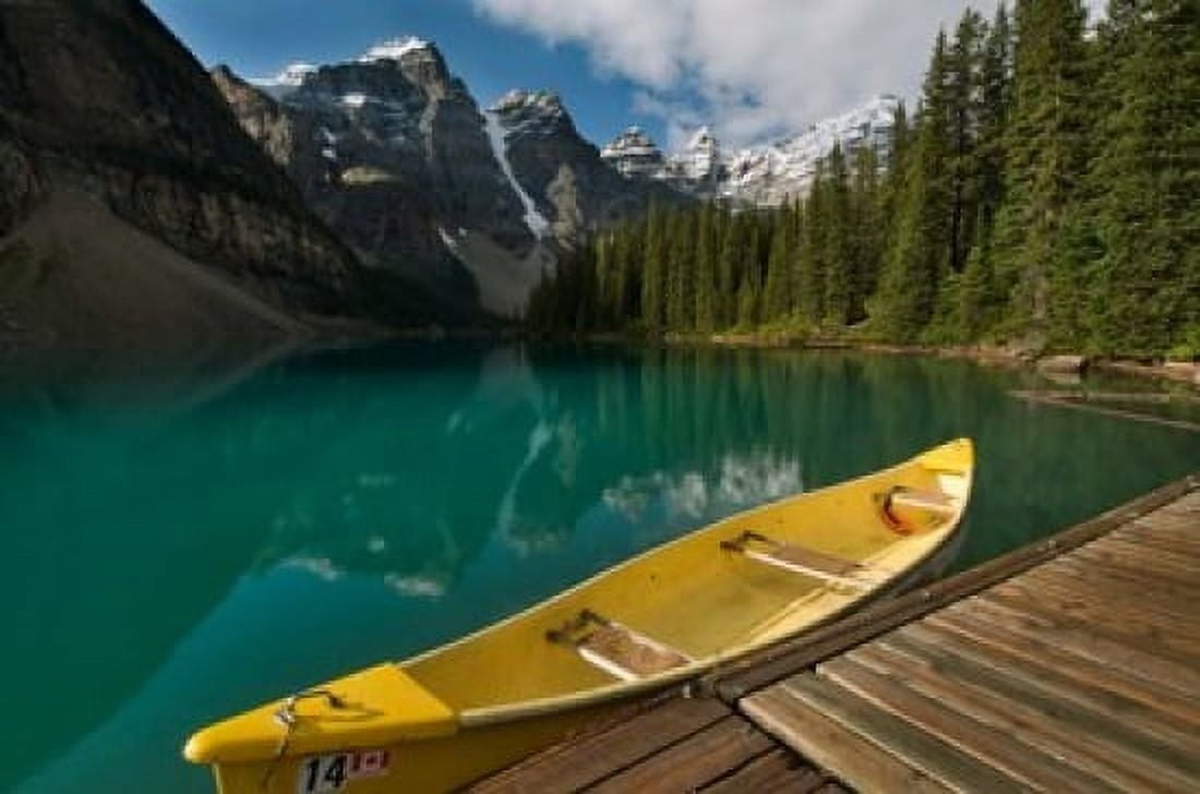 Canoe along Moraine Lake Banff National Park Banff Canvas Art - Raymond Klass DanitaDelimont (28 x 19)