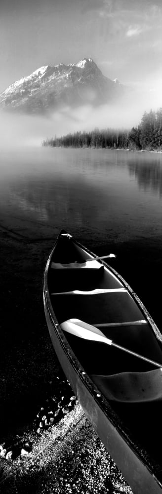 Canoe in lake in front of mountains Leigh Lake Rockchuck Peak Teton Range Grand Teton National Park Wyoming USA Canvas Art - Panoramic Images (12 x 36)