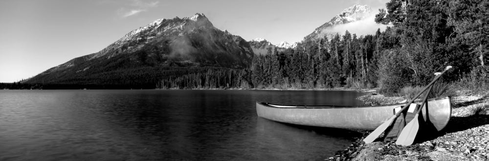 Canoe in lake in front of mountains Leigh Lake Rockchuck Peak Teton Range Grand Teton National Park Wyoming USA Canvas Art - Panoramic Images (12 x 36)