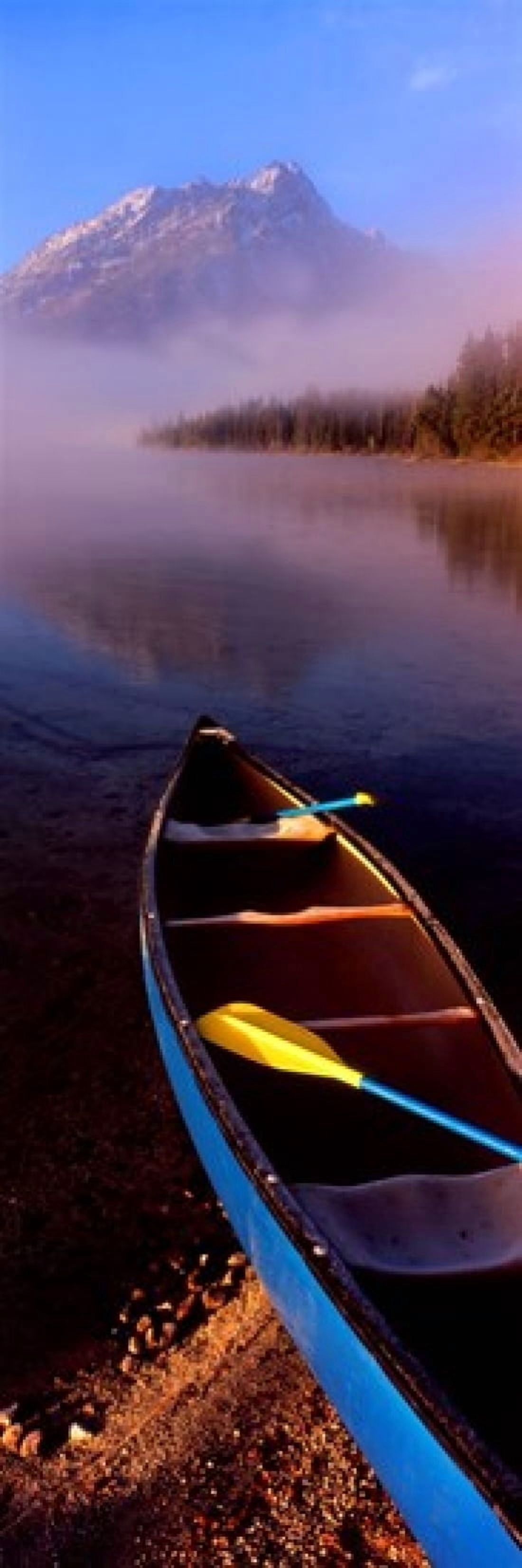 Canoe in lake in front of mountains Leigh Lake Rockchuck Peak Teton Range Grand Teton National Park Wyoming USA Canvas Art - Panoramic Images (18 x 6)