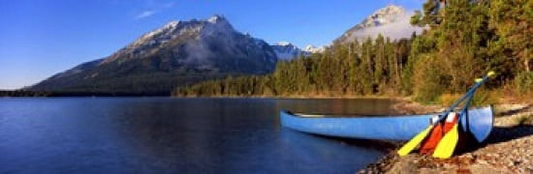 Canoe in lake in front of mountains Leigh Lake Rockchuck Peak Teton Range Grand Teton National Park Wyoming USA Canvas Art - Panoramic Images (18 x 6)