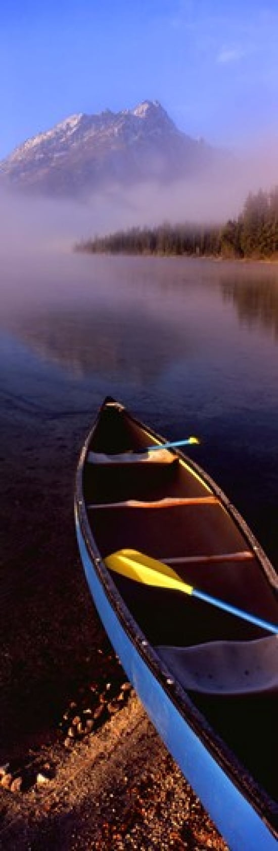Canoe in lake in front of mountains Leigh Lake Rockchuck Peak Teton Range Grand Teton National Park Wyoming USA Canvas Art - Panoramic Images (36 x 12)