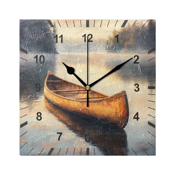Canoe on Calm Lake Wall Clock Battery Operated Silent Non-Ticking Bedroom Office Kitchen Home School Decor 7.8"(Black)