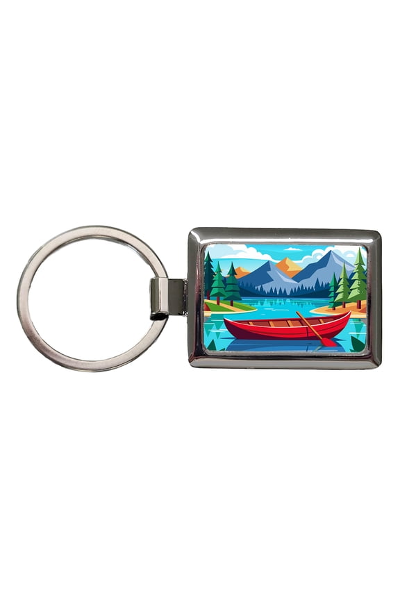 Canoe on Lake Red Metal Rectangle Keychain
