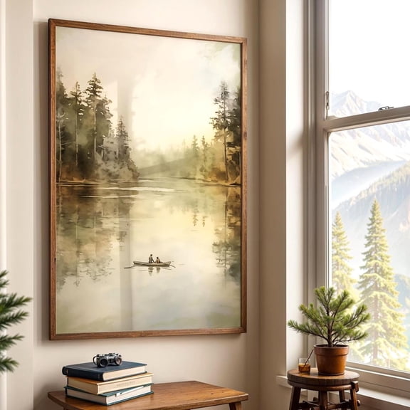 Canoe on Lake Rustic Lake House Wall Art Nature Landscape Decor Art, Unframed Poster
