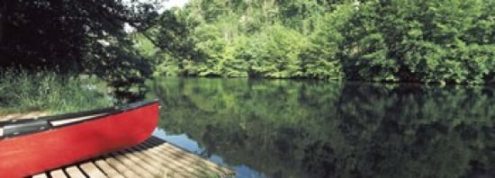 Canoe on a boardwalk in a river Neckar River Horb Am Neckar Baden-Wurttemberg Germany Canvas Art - Panoramic Images (36 x 13)