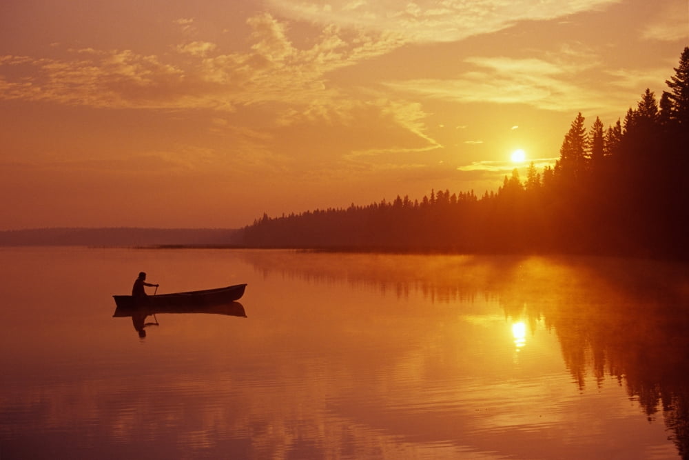 Canoeing On Childs Lake At Sunrise Duck Mountain Provincial Park Manitoba Canvas Art - Mike Grandmaison Design Pics (17 x 11)