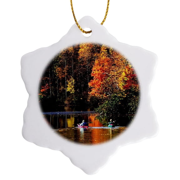 3drose, Canoeing on Lake Logan in Autumn at Hocking Hills State Park, 3 inch Snowflake Porcelain Ornament