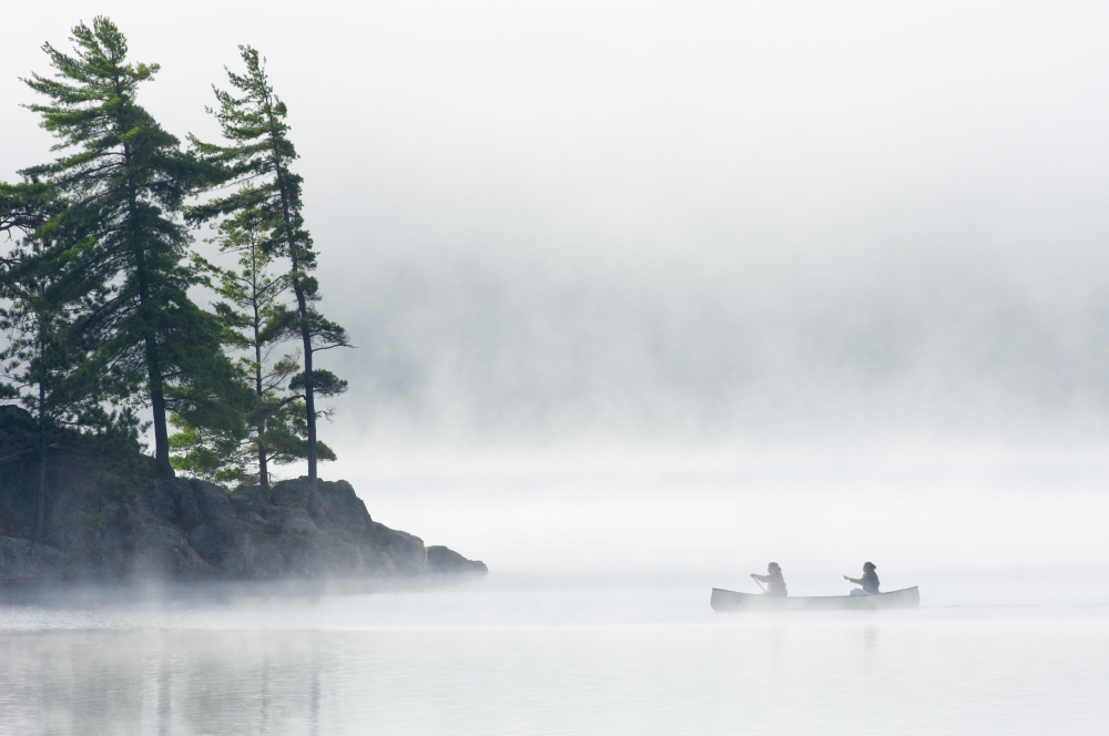 Canoeing Through Fog On Lake Of Two Rivers Algonquin Provincial Park Ontario Canvas Art - Mike Grandmaison Design Pics (17 x 11)