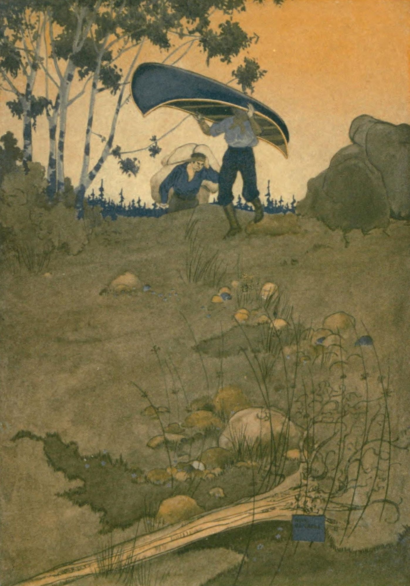Canoeing in the Wilderness 1916 Carrying the canoe Canvas Art - Will Hammell (24 x 36)