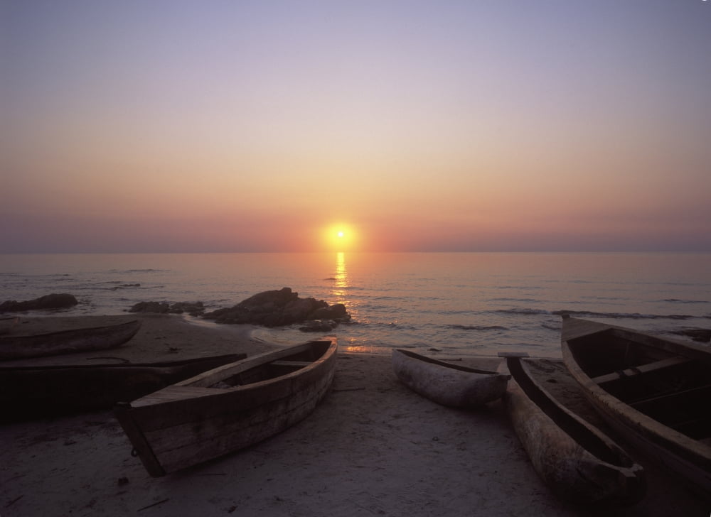 Canoes And Fishing Boats On Beach By Lake Malawi Sunset Canvas Art - Ian Cumming Design Pics (18 x 13)