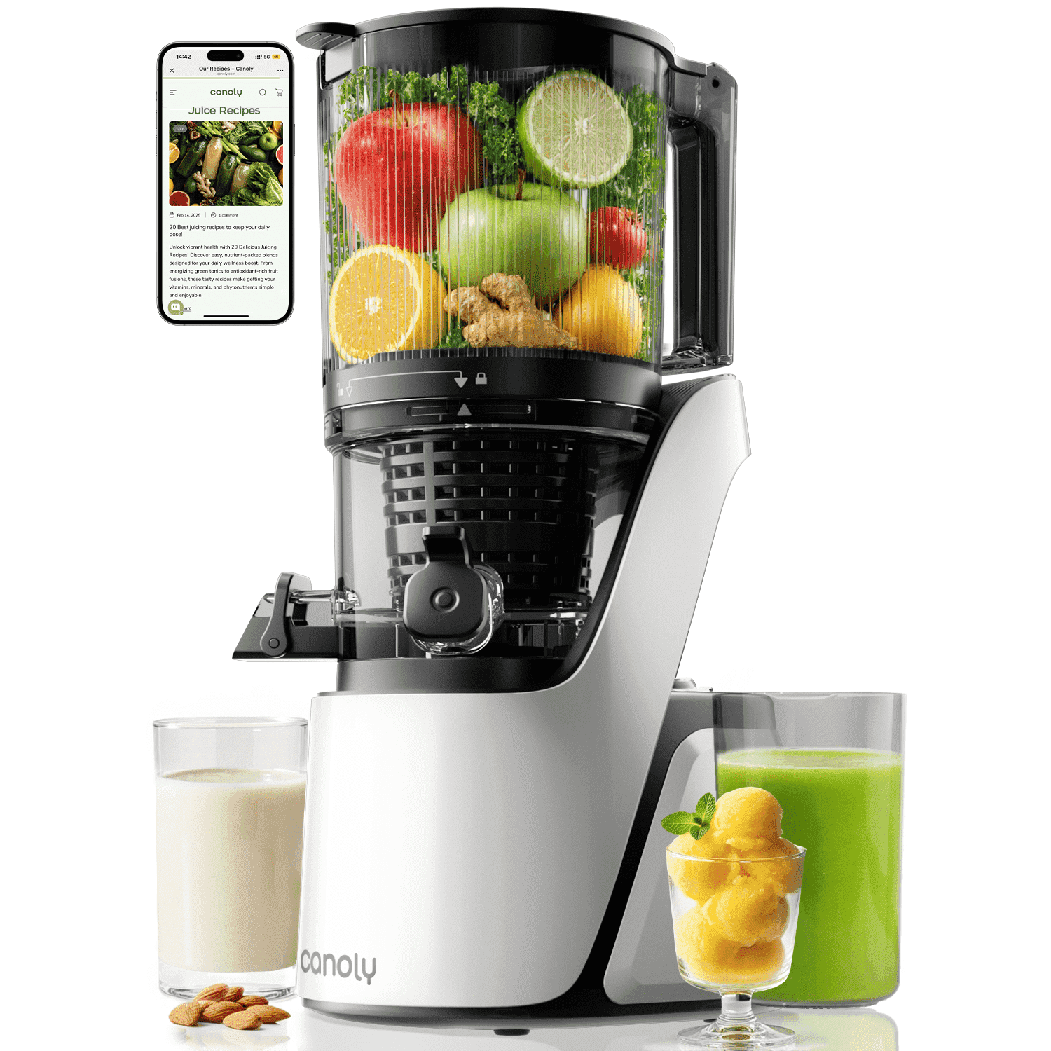 Canoly C16 Cold Press Juicer: 6" Extra Wide Chute, 3-in-1 for Juice, Sorbet & Nut Milk. Quiet, Easy to Clean & BPA-Free,White.