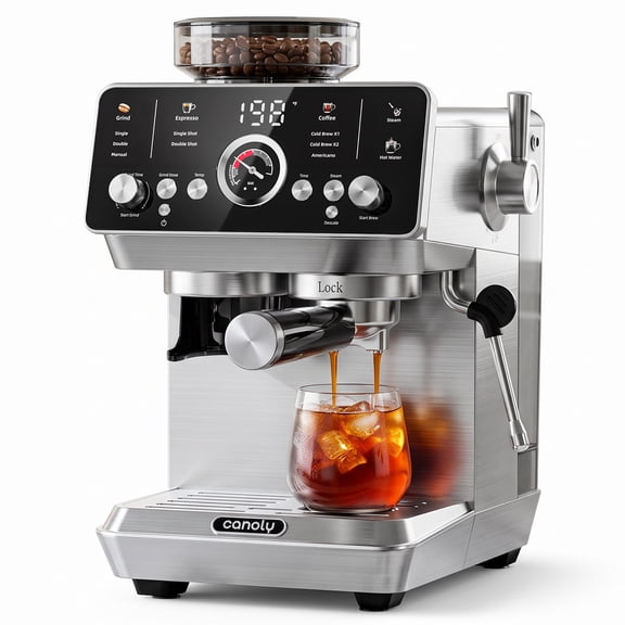 Canoly Espresso Machine, Semi-Automatic, 20 Bar, Built-In Conical Burr Grinder, 44 Grind Settings, Stainless Steel, Black