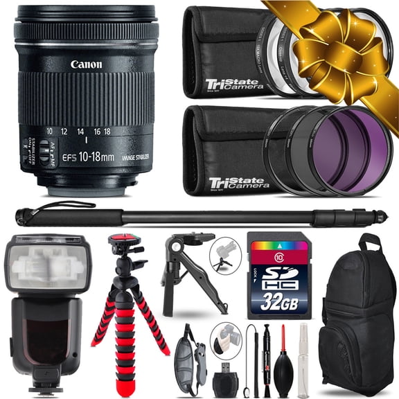 Canon 10-18mm IS STM + Professional Flash + Macro Kit - 32GB Accessory Bundle (International Version)