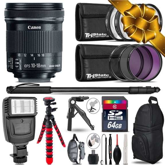 Canon 10-18mm IS STM + Slave Flash + MACRO, UV-CPL-FLD - 64GB Accessory Bundle (International Version)