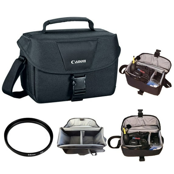 Canon 100ES Soft Padded Compact Multi Compartment SLR Digital Camera Gadget Bag with Adjustable Shoulder Strap for Canon EOS Cameras + 58mm UV Filter + PixiBytes Exclusive Cleaning Cloth