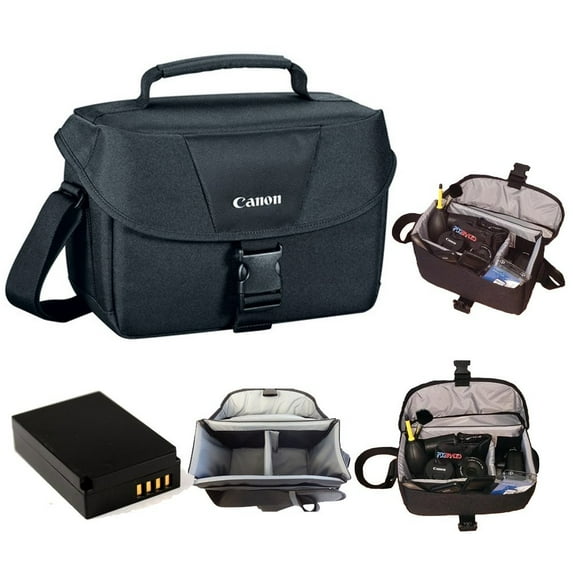 Canon 100ES Soft Padded Compact Multi Compartment SLR Digital Camera Gadget Bag with Adjustable Shoulder Strap for Canon EOS Cameras + Replacement LP-E12 Rechargeable Battery + PixiBytes Exclusive Cle