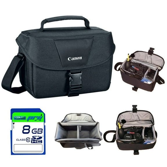 Canon 100ES Soft Padded Compact Multi Compartment SLR Digital Camera Gadget Bag with Adjustable Shoulder Strap for Canon EOS Cameras + I3ePro 8GB SD Memory Card + PixiBytes Exclusive Cleaning Cloth