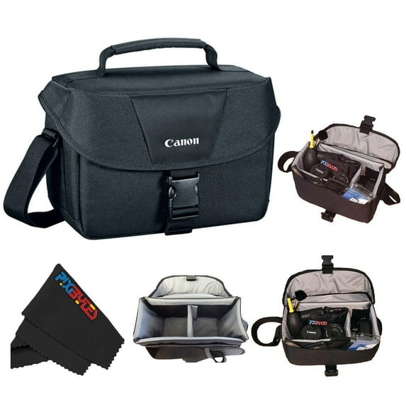 Canon 100ES Soft Padded Compact Multi Compartment SLR Digital Camera Gadget Bag with Adjustable Shoulder Strap for Canon EOS Cameras + PixiBytes Exclusive Cleaning Cloth