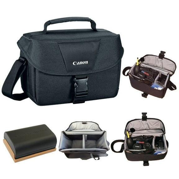 Canon 100ES Soft Padded Compact Multi Compartment SLR Digital Camera Gadget Bag with Adjustable Shoulder Strap for Canon EOS Cameras + Replacement LP-E6 Rechargeable Battery + PixiBytes Exclusive Clea