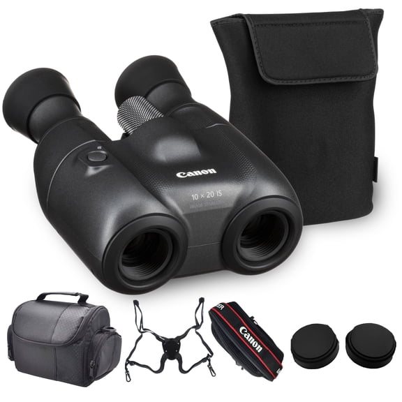 Canon 10x20 IS Image-Stabilized Binoculars Bundle | 10x Magnification with Optical Image Stabilization, Lightweight Foldable Design & Sharp Optics | For Travel & Outdoors (3640C002) + Harness + More