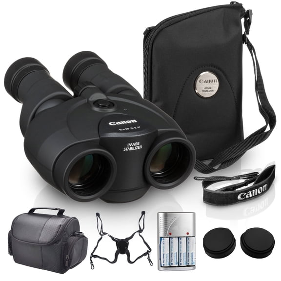 Canon 10x30 IS II Image Stabilized Binoculars Bundle | Optical IS | Bundle with AA Batteries with Charger, Binocular Harness Strap, Travel Bag