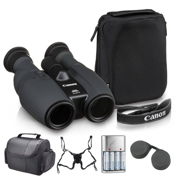 Canon 12x32 IS Image Stabilized Binoculars Bundle | 12x Magnification with Optical Image Stabilization, Sharp Optics & Lightweight Design | Ideal for Travel & Birdwatching (1373C002) + Harness + More