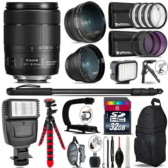 Canon 18-135mm IS USM + Slave Flash + LED Light + Tripod - 32GB Accessory Bundle (International Version)
