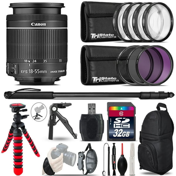 Canon 18-55mm IS STM + MACRO, UV-CPL-FLD Filter + Monopad - 32GB Accessory Kit (International Version)