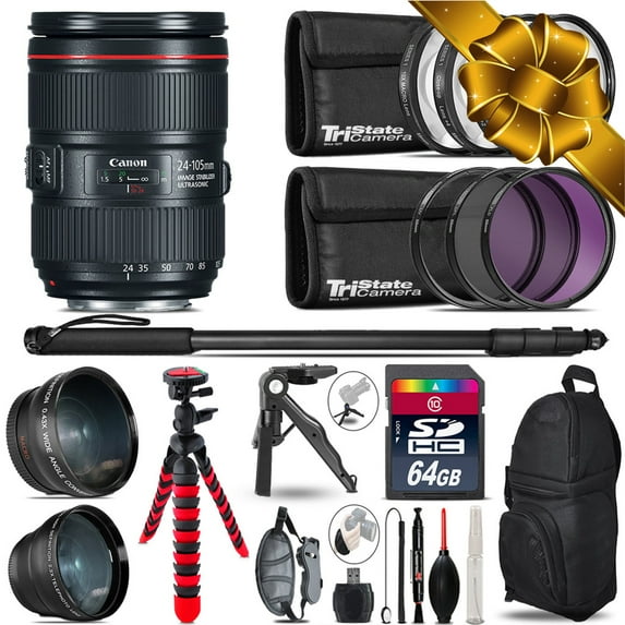 Canon 24-105mm IS II - 3 Lens Kit + Tripod + Backpack - 64GB Accessory Bundle (International Version)