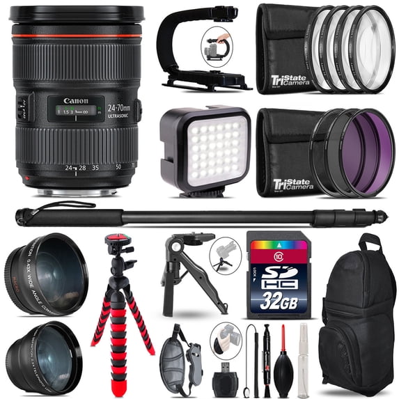 Canon 24-70mm 2.8 II USM -Video Kit + LED KIt + Monopad - 32GB Accessory Bundle (International Version)