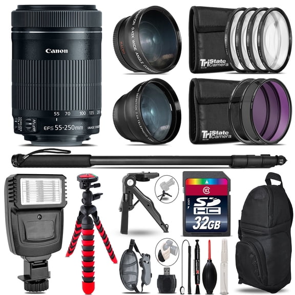 Canon 55-250mm IS STM -3 Lens Kit + Slave Flash + Tripod - 32GB Accessory Bundle