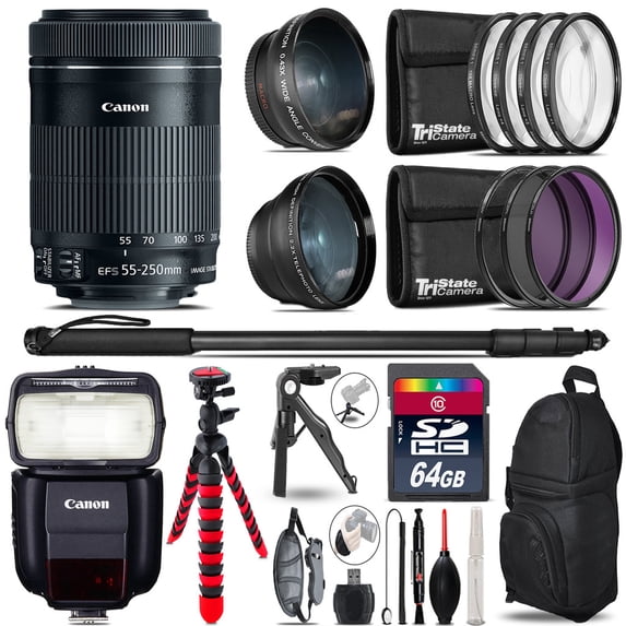 Canon 55-250mm IS STM + Speedlite 430EX III-RT - 3 Lens Kit - 64GB Accessory Kit (International Version)