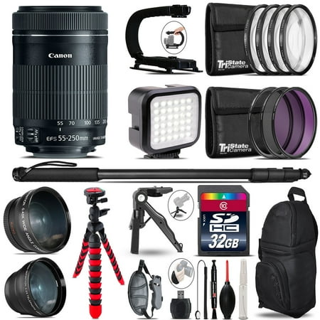 Canon 55-250mm IS STM - Video Kit + LED KIt + Monopad - 32GB Accessory Bundle (International Version)