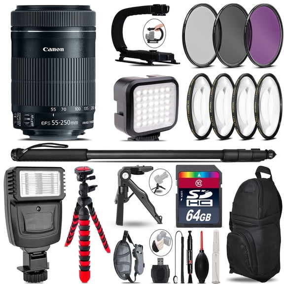 Canon 55-250mm IS STM -Video Kit + Slave Flash + Monopad - 64GB Accessory Bundle