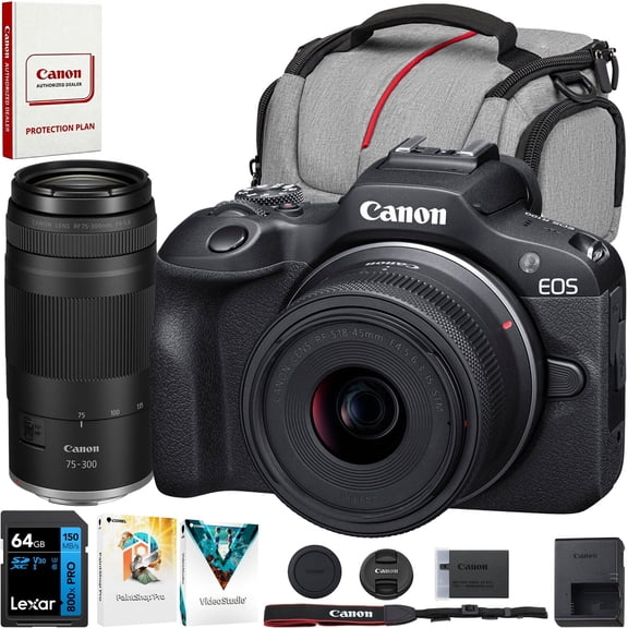 Canon 6052C111 EOS R100 Camera Double Zoom Lens Kit w/RF-S18-45 + /RF75-300mm Bundle with Lexar Premium PRO BLUE Series 64GB SDXC Memory Card + Deco Photo Camera Bag + Corel Photo Video Suite