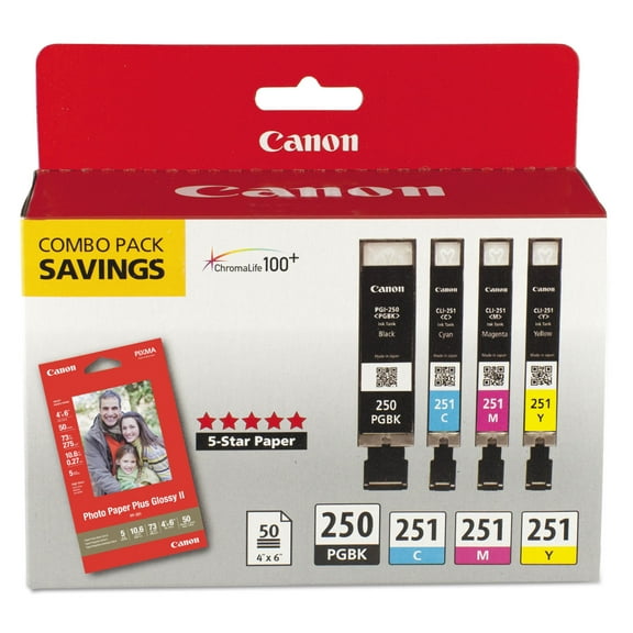 Canon 6497B004 (PGI-250; CLI-251) Ink & Paper Combo Pack Black/Cyan/Magenta/Yellow