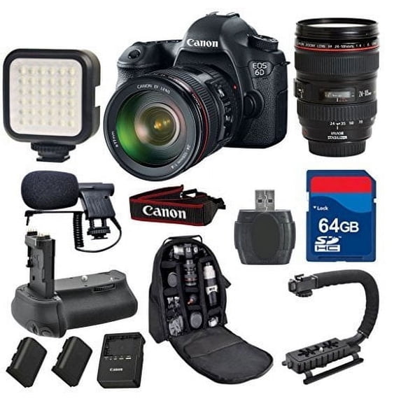 Canon 6D DSLR Camera with 24-105mm L IS USM + 64GB Memory Card + Video Rechargeable LED Light + Professional Condenser Shotgun Microphone + Pro Battery Grip + Backpack - International Version