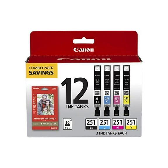 Canon (CLI-251) BK/CMY 12-Color Ink Cartridge + Photo Paper Combo Pack (Inlcudes 3 Ink Tanks of Each Color, 50 Sheets of 4"x6" PP-201 Glossy Photo Paper)