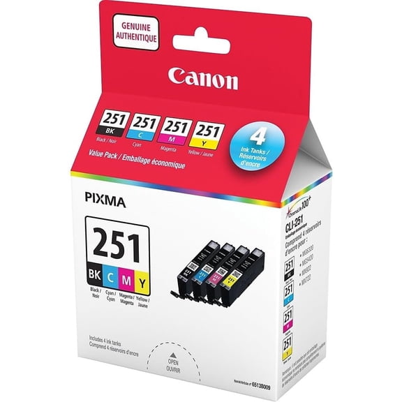 Canon CLI-251 Black,Cyan,Magenta,Yellow Ink Cartridges Value Pack 4 Pack For Canon InkJet Printers Sold without manufacturer warranty