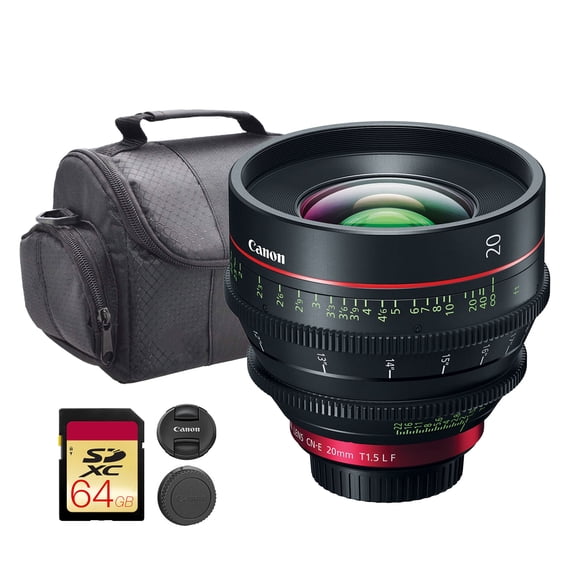 Canon CN-E 20mm T1.5 L F Cinema Prime Lens (EF Mount) | L-Series Full-Frame Cine Lens with Fast T1.5 Aperture & Precise Control | For Film, Broadcast, & Studio Production (3174C002) + Bag + 64GB Card