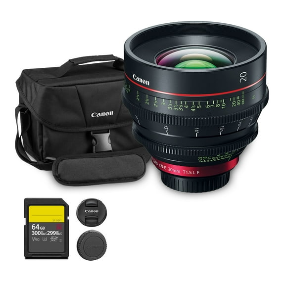 Canon CN-E 20mm T1.5 L F Cinema Prime Lens (EF Mount) | L-Series Full-Frame Cine Lens with Fast T1.5 Aperture & Precise Control | For Film, Broadcast, & Studio Production (3174C002) + Bag + 64GB Card