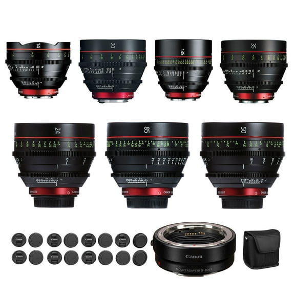 Canon CN-E Cinema Prime 7-Lens Kit (14mm, 20mm, 24mm, 35mm, 50mm, 85mm, 135mm) | L-Series Full-Frame Cine Lens Set with Fast T1.3–T3.1 Apertures | For Film & Studio Production + Adapter EF-EOS R