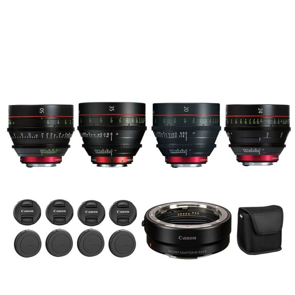 Canon CN-E Cinema Prime Lens Kit (20mm, 24mm, 35mm, 50mm) | 4-Lens L-Series Cine Set with Fast T1.5 Apertures & EF Mount | For Film, Broadcast, Commercial & Studio Production + Adapter EF-EOS R