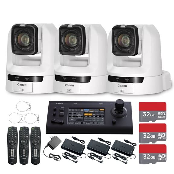 Canon CR-N300 4K NDI PTZ Camera with 20x Optical Zoom (White) Bundle (3-Pack) | UHD Video, NDI|HX & IP Streaming, Smooth Pan/Tilt Control | For Church & Streaming + RC-IP100 PTZ Controller + More